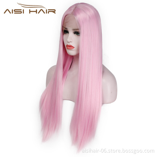 Aisi Hair Cheap Long Silky Straight Natural Pink Wig Synthetic Lace Front Wig With Baby Hair Front Lace Wigs For Black Women
